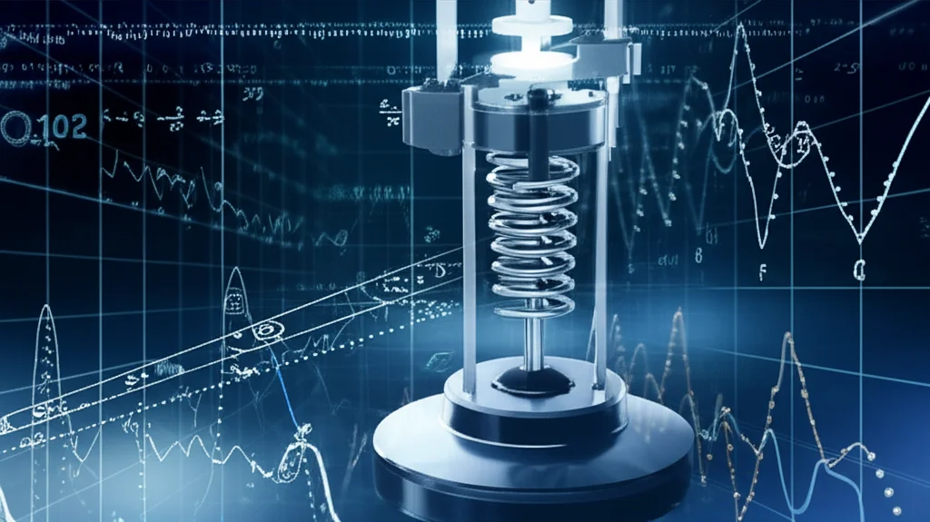 Un'immagine artistica e fotorealistica di un oscillatore meccanico stilizzato, con parti che brillano per rappresentare effetti impulsivi, sovrapposto a grafici matematici complessi che simboleggiano il calcolo frazionario. Prime lens, 35mm, duotone blu e argento, depth of field.