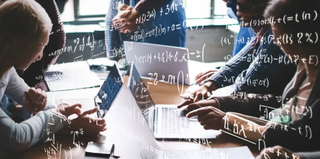 A diverse group of teachers collaborating on laptops and tablets, mathematical symbols appearing on screens, digital interface elements, 24mm lens, depth of field.