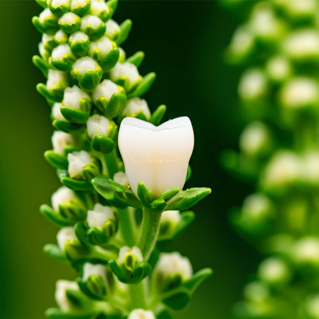 Composizione still life con un rametto fresco di Chenopodium murale accanto a un modello di dente bianco e pulito, ripresa macro con lente da 60mm, alta definizione e illuminazione controllata, a simboleggiare la cura dentale naturale.