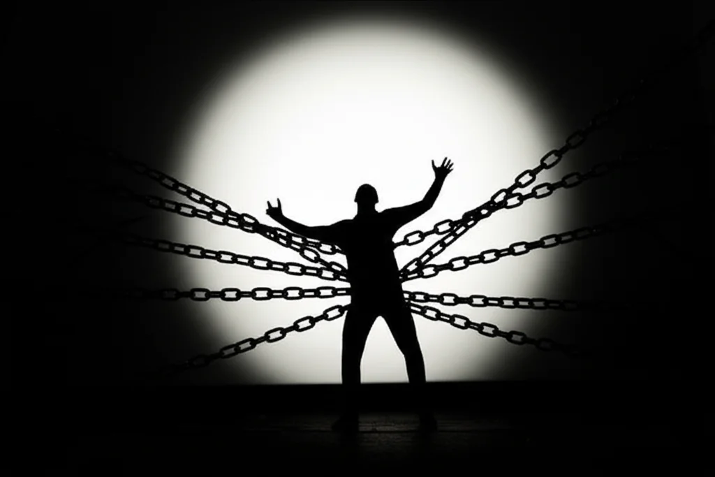 Concetto astratto della libertà umana rappresentato da una figura stilizzata che emerge da catene deterministiche spezzate verso una luce incerta e aperta, simboleggiando la lotta tra determinismo e libero arbitrio. Fotografia concettuale, obiettivo 50mm, profondità di campo ridotta per focalizzare sulla figura, toni contrastanti tra l'oscurità delle catene e la luminosità della possibilità.