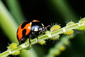 Fotografia macro ad alta definizione di una coccinella Harmonia axyridis che si nutre di afidi su uno stelo di pianta. Obiettivo macro 90mm, illuminazione da studio per massimizzare i dettagli e la nitidezza, con uno sfondo leggermente sfocato per enfatizzare il soggetto.