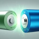 Immagine concettuale di due tipi diversi di batterie al litio (una LFP di colore grigio-verde e una NMC di colore blu-nero) che si fondono simbolicamente al centro, con scintille di energia verde brillante che emanano dal punto di fusione, indicando un processo di riciclo efficiente e sostenibile. Macro lens, 60mm, high detail, controlled lighting, sfondo neutro e pulito.