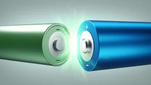 Immagine concettuale di due tipi diversi di batterie al litio (una LFP di colore grigio-verde e una NMC di colore blu-nero) che si fondono simbolicamente al centro, con scintille di energia verde brillante che emanano dal punto di fusione, indicando un processo di riciclo efficiente e sostenibile. Macro lens, 60mm, high detail, controlled lighting, sfondo neutro e pulito.