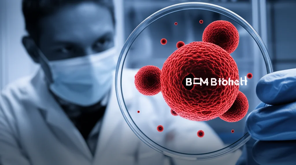 Immagine concettuale di ricerca medica sul linfoma diffuso a grandi cellule B (DLBCL). Visualizzazione artistica di cellule B anomale con la proteina BEND4 evidenziata in modo distintivo, magari con un ricercatore in background che osserva un vetrino al microscopio. Illuminazione drammatica, profondità di campo, obiettivo 35mm, colori duotone blu e grigio per un tocco scientifico ma accattivante.