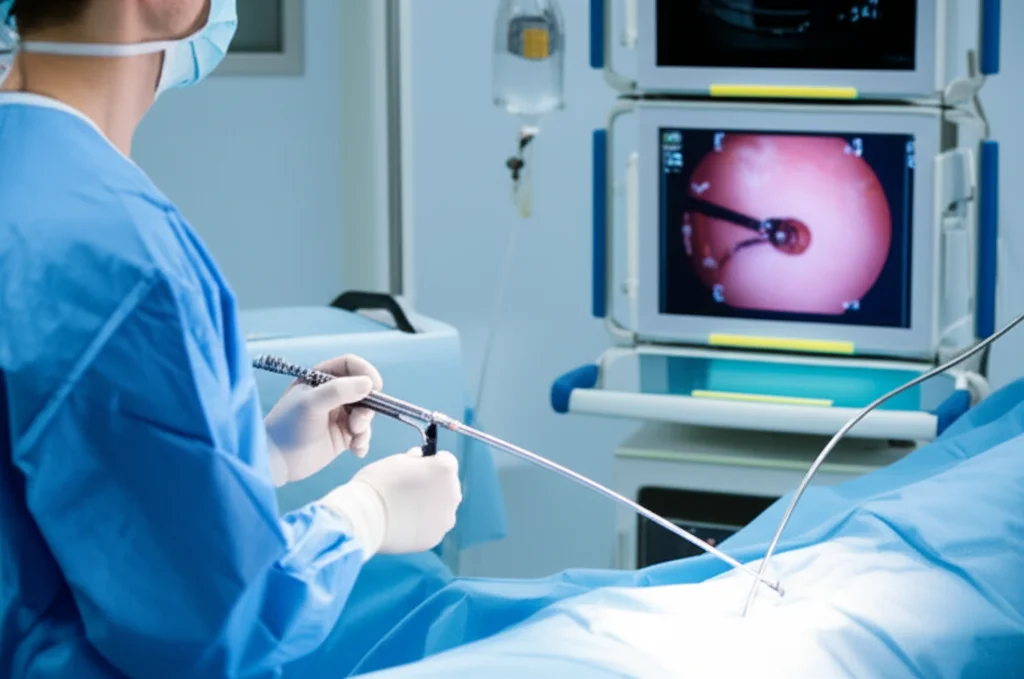 Immagine fotorealistica di un cardiologo interventista che esegue un'aterectomia rotazionale in una sala operatoria high-tech. Si vede il catetere con la fresa all'interno di un'arteria coronaria su uno schermo angiografico. Obiettivo prime, 35mm, con profondità di campo che sfoca leggermente lo sfondo per concentrarsi sull'azione precisa.