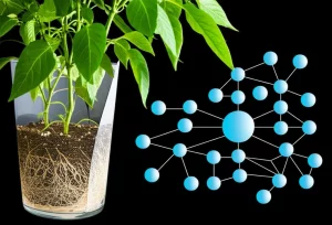Immagine fotorealistica di una pianta di peperone sana e rigogliosa in un vaso, con un focus sulle radici visibili attraverso un lato trasparente del vaso. Accanto, una rappresentazione grafica stilizzata di una rete neurale. Macro lens, 100mm, high detail, precise focusing, controlled lighting.
