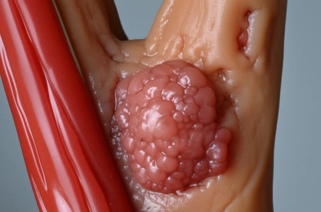 Immagine macro altamente dettagliata di un modello anatomico di una ghiandola tiroidea umana, con un focus preciso su un nodulo papillare di circa 2 cm. Illuminazione da studio controllata per evidenziare la texture e la forma del nodulo, lente macro 100mm, sfondo neutro per enfatizzare il soggetto, alta definizione.