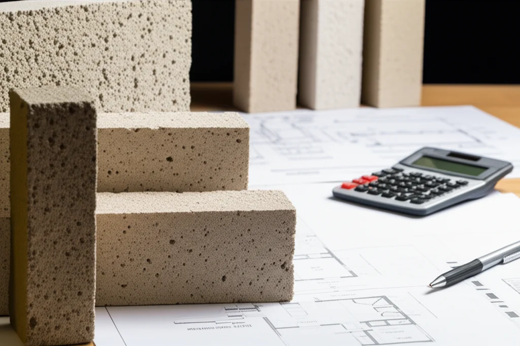 Immagine macro di diversi campioni di materiali edili sostenibili (mattoni SBA, blocchi AAC, pannelli isolanti innovativi) disposti su un tavolo da progettista, con schemi tecnici e una calcolatrice sullo sfondo. Obiettivo macro, 90mm, alta definizione, illuminazione da studio precisa per esaltare le texture dei materiali.