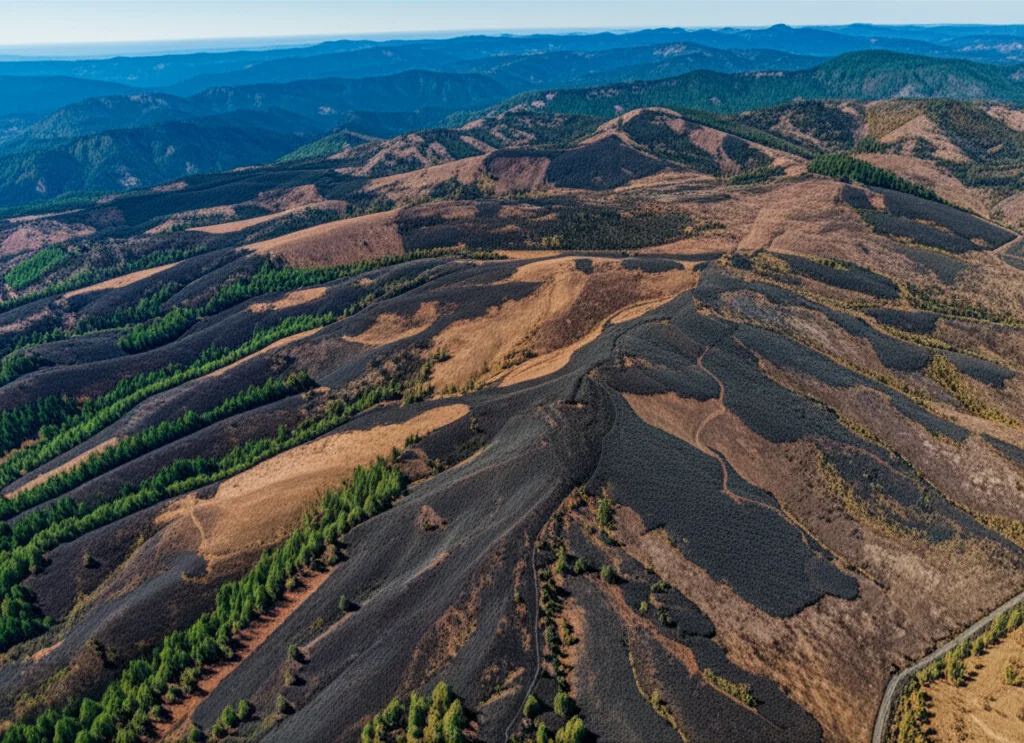 landscape wide angle 10mm, sharp focus, aerial view of a forest fire scar in Oregon, patches of green fire refugia visible amongst brown burned areas, clear sky