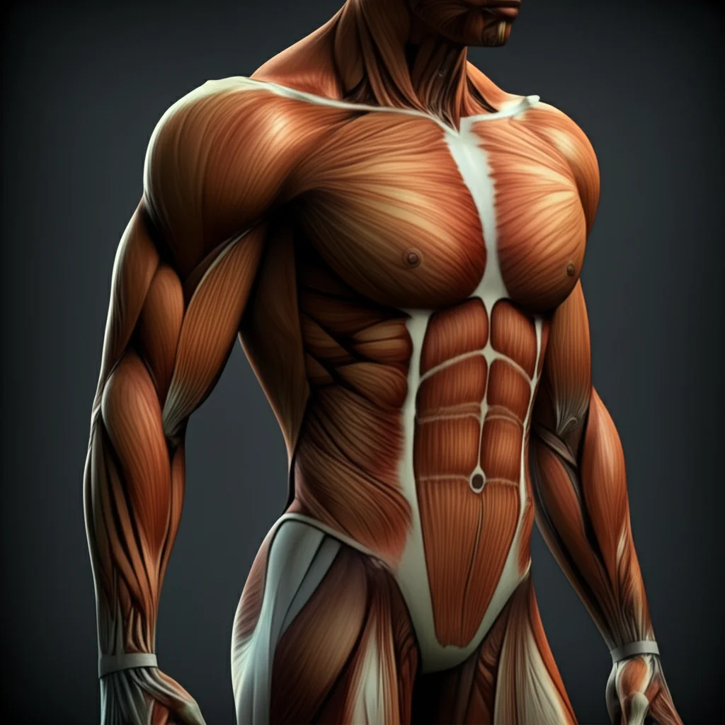 Photorealistic image of a stylized human figure showing enhanced muscle mass and reduced body fat, 35mm portrait lens, depth of field