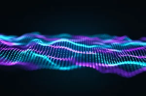 Un'immagine concettuale astratta che rappresenta la previsione dei dati sul cancro. Onde di dati digitali blu e viola che si intersecano e formano pattern complessi, simboleggiando l'analisi dei big data e l'intelligenza artificiale applicata alla sanità. Illuminazione soffusa e high-tech, obiettivo macro 100mm per dettagli nitidi sulle onde di dati, sfondo scuro per far risaltare i colori brillanti dei dati. Profondità di campo accentuata.