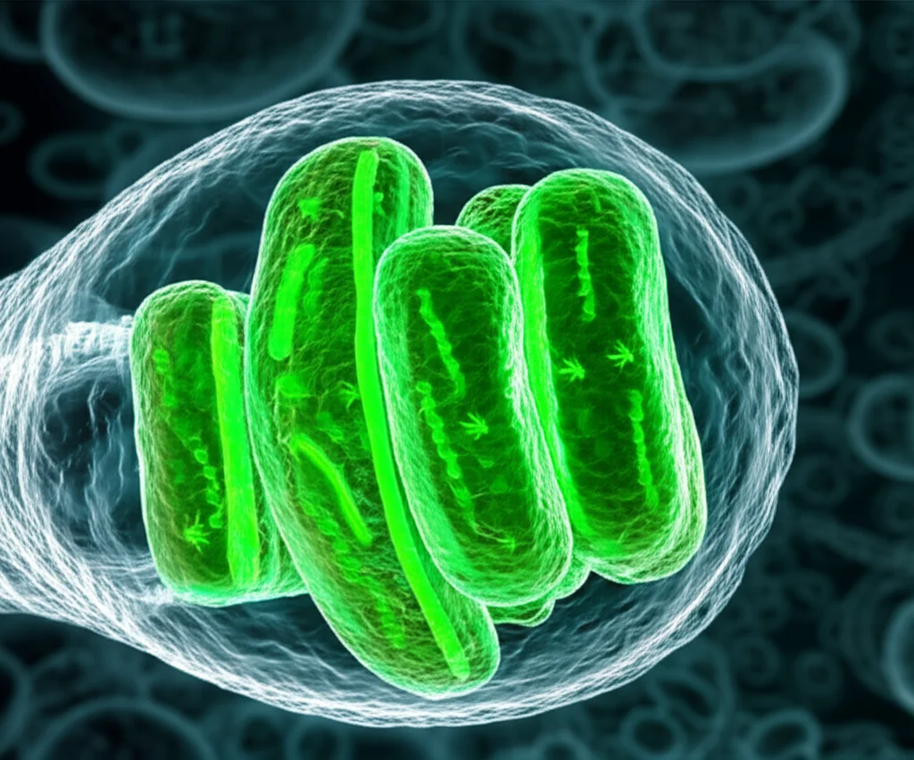 Visualizzazione 3D fotorealistica di mitocondri vibranti di energia all'interno di una cellula eucariotica traslucida. Proteine fluorescenti verdi, guidate da sequenze di targeting artificiali, vengono attivamente importate attraverso le complesse membrane mitocondriali (esterna liscia, interna ripiegata in creste). Prime lens, 35mm, profondità di campo ridotta che mette a fuoco nitido un mitocondrio in primo piano, illuminazione interna suggestiva che emana dal mitocondrio, altissimo dettaglio delle membrane, dei pori di importazione e delle molecole proteiche.
