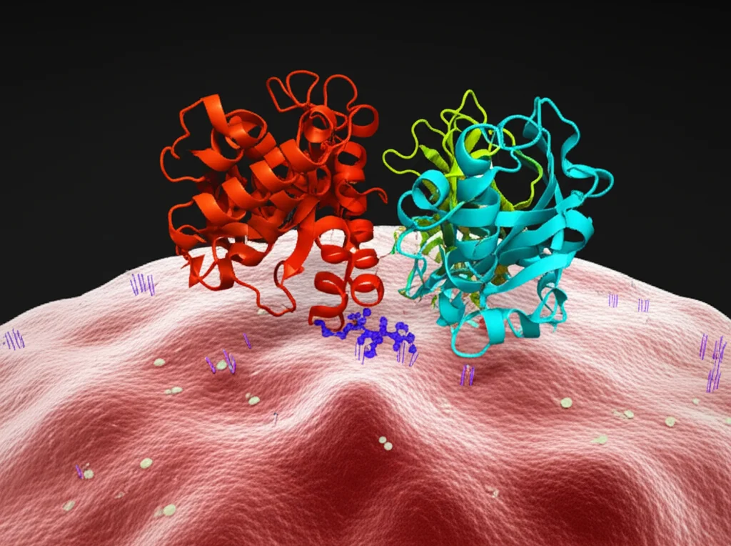 Visualizzazione artistica 3D fotorealistica di una proteina PKM2 extracellulare (struttura complessa e colorata) che si lega a un recettore di integrina sulla superficie di un macrofago (cellula sferica con dettagli di membrana). Sfondo scuro per far risaltare l'interazione, illuminazione drammatica, obiettivo macro 100mm per dettagli precisi.