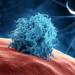 Visualizzazione artistica di una proteina CADM1 che interagisce con la membrana di una cellula di neuroblastoma, simboleggiando il suo ruolo di soppressore tumorale, sfondo con reti neurali stilizzate, illuminazione drammatica, obiettivo prime 35mm, profondità di campo.