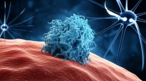 Visualizzazione artistica di una proteina CADM1 che interagisce con la membrana di una cellula di neuroblastoma, simboleggiando il suo ruolo di soppressore tumorale, sfondo con reti neurali stilizzate, illuminazione drammatica, obiettivo prime 35mm, profondità di campo.