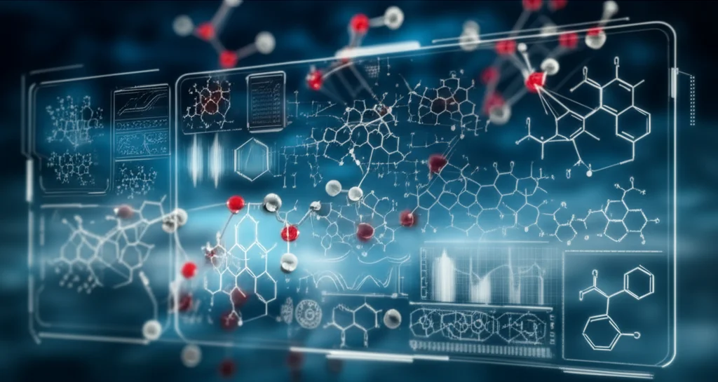 A photorealistic image of a digital interface displaying complex molecular structures and algorithmic search pathways, suggesting the intersection of chemistry and AI. 35mm lens, precise focusing, controlled lighting.