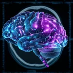 Immagine concettuale che rappresenta l'intersezione tra intelligenza artificiale e medicina, con un cervello stilizzato composto da circuiti luminosi blu e viola sovrapposto a un'immagine radiologica sfocata di una TAC. Prime lens, 35mm, depth of field, duotone blu e viola.