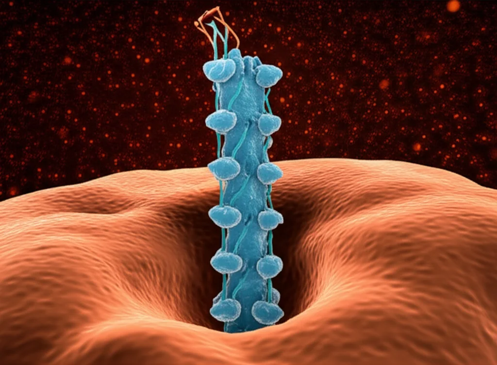 Lenti macro, 100 mm, dettagli elevati, illuminazione controllata, una rappresentazione artistica di una molecola di proteina PTPRD con un segmento mancante, che simboleggia la carenza, sullo sfondo della proteina tau iperfosforilata all'interno di un neurone stilizzato, trasmettendo il tema centrale della ricerca sulla patologia PTPRD e TAU.