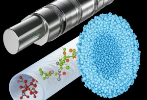 Macro lens, 100mm, high detail, controlled lighting, un'immagine concettuale che mostra diversi tipi di materiali implantari (un pezzo di titanio lucido, un campione di silicone traslucido, e una membrana porosa bianca) con molecole stilizzate di peptide antimicrobico SET-M33 che interagiscono in modo diverso con ciascuna superficie, evidenziando il concetto di identità del materiale che governa l'efficacia.