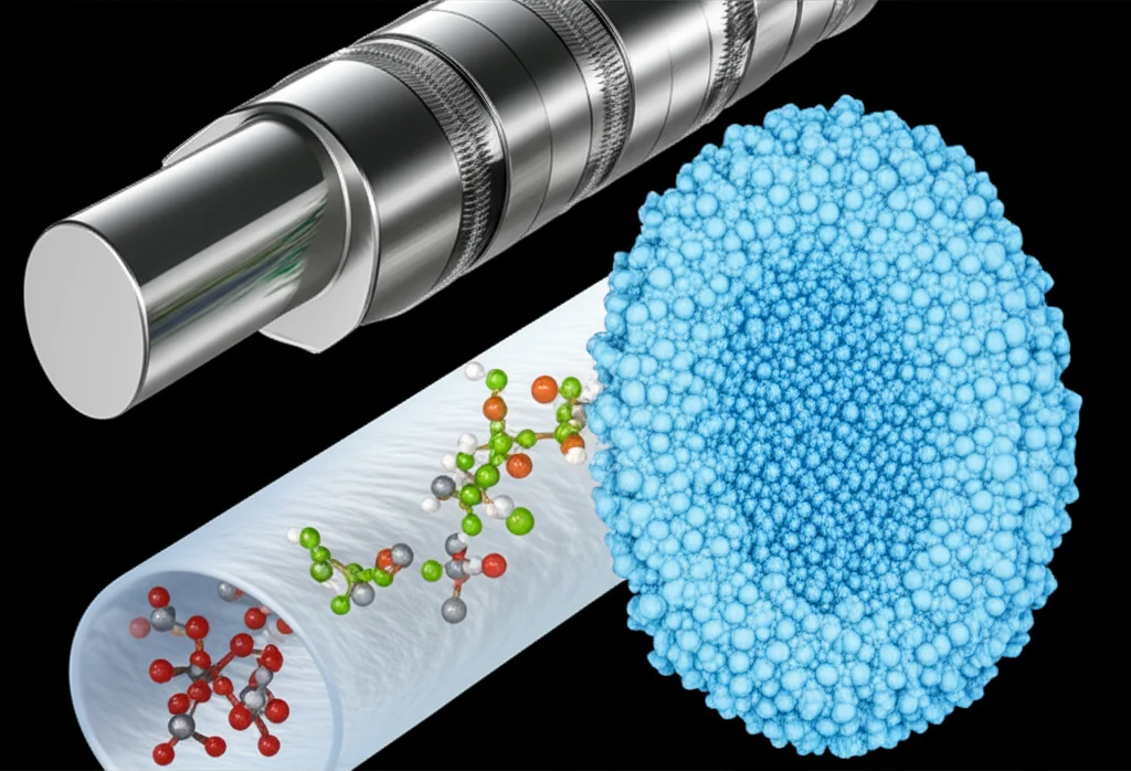 Macro lens, 100mm, high detail, controlled lighting, un'immagine concettuale che mostra diversi tipi di materiali implantari (un pezzo di titanio lucido, un campione di silicone traslucido, e una membrana porosa bianca) con molecole stilizzate di peptide antimicrobico SET-M33 che interagiscono in modo diverso con ciascuna superficie, evidenziando il concetto di identità del materiale che governa l'efficacia.