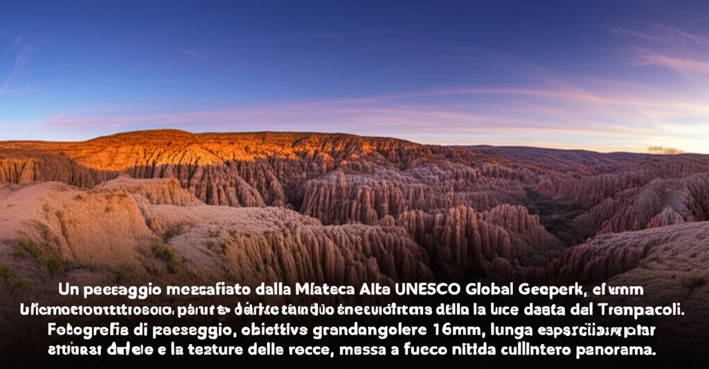 Un paesaggio mozzafiato della Mixteca Alta UNESCO Global Geopark, con formazioni rocciose erose dal tempo che creano canyon e pinnacoli, illuminate dalla luce dorata del tramonto. Fotografia di paesaggio, obiettivo grandangolare 16mm, lunga esposizione per cogliere le sfumature del cielo e la texture delle rocce, messa a fuoco nitida sull'intero panorama.
