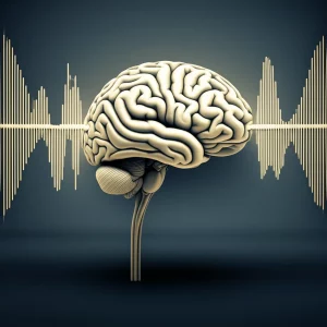 Un'immagine concettuale che rappresenta l'intersezione tra linguaggio, psicologia e analisi scientifica. Un cervello stilizzato da cui emanano onde sonore che si trasformano in testo analizzato da un software, il tutto con un'estetica da 'portrait photography', obiettivo 35mm, toni duotone seppia e blu scuro, con una leggera profondità di campo per mettere a fuoco l'elemento testuale.