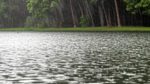 A wide-angle 24mm landscape photograph of a subtropical lake during a rain shower, showing ripples on the water surface and slightly blurred trees on the shore, capturing the dynamic interaction between rainfall and the aquatic environment.