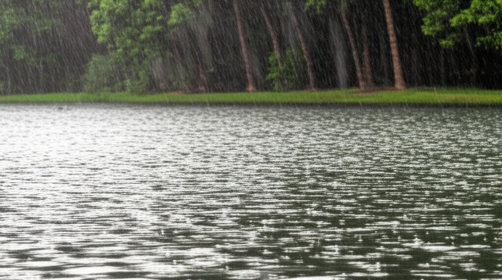 A wide-angle 24mm landscape photograph of a subtropical lake during a rain shower, showing ripples on the water surface and slightly blurred trees on the shore, capturing the dynamic interaction between rainfall and the aquatic environment.