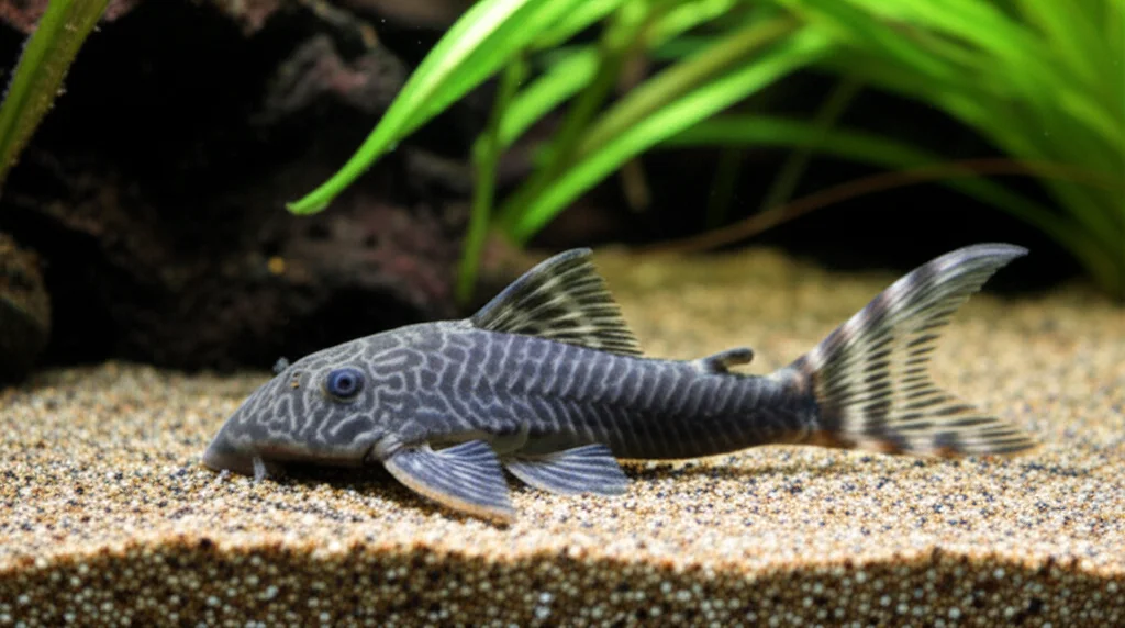 Fotografia naturalistica di un pesce Harttiella, un loricariide minacciato, nel suo habitat fluviale in Guyana Francese, obiettivo macro 100mm, alta definizione per mostrare la sua corazza unica, illuminazione soffusa per un effetto realistico.