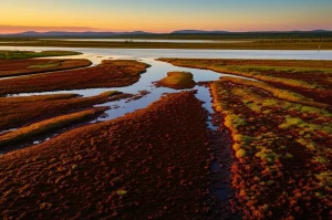 Fotografia paesaggistica di un'ampia torbiera minerogenica boreale al tramonto, obiettivo grandangolare 14mm, lunga esposizione per nuvole setose e acqua riflettente calma, colori caldi del cielo che contrastano con i toni scuri della torba umida e della vegetazione rada, mettendo in evidenza la vasta estensione dell'ecosistema e il suo legame con il bacino idrografico circostante.