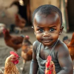 Fotografia realistica di un bambino piccolo in un ambiente rurale etiope vicino a dei polli, obiettivo 50mm, luce naturale, profondità di campo per isolare il soggetto, che simboleggia la stretta vicinanza tra infanti e potenziali fonti di Campylobacter.