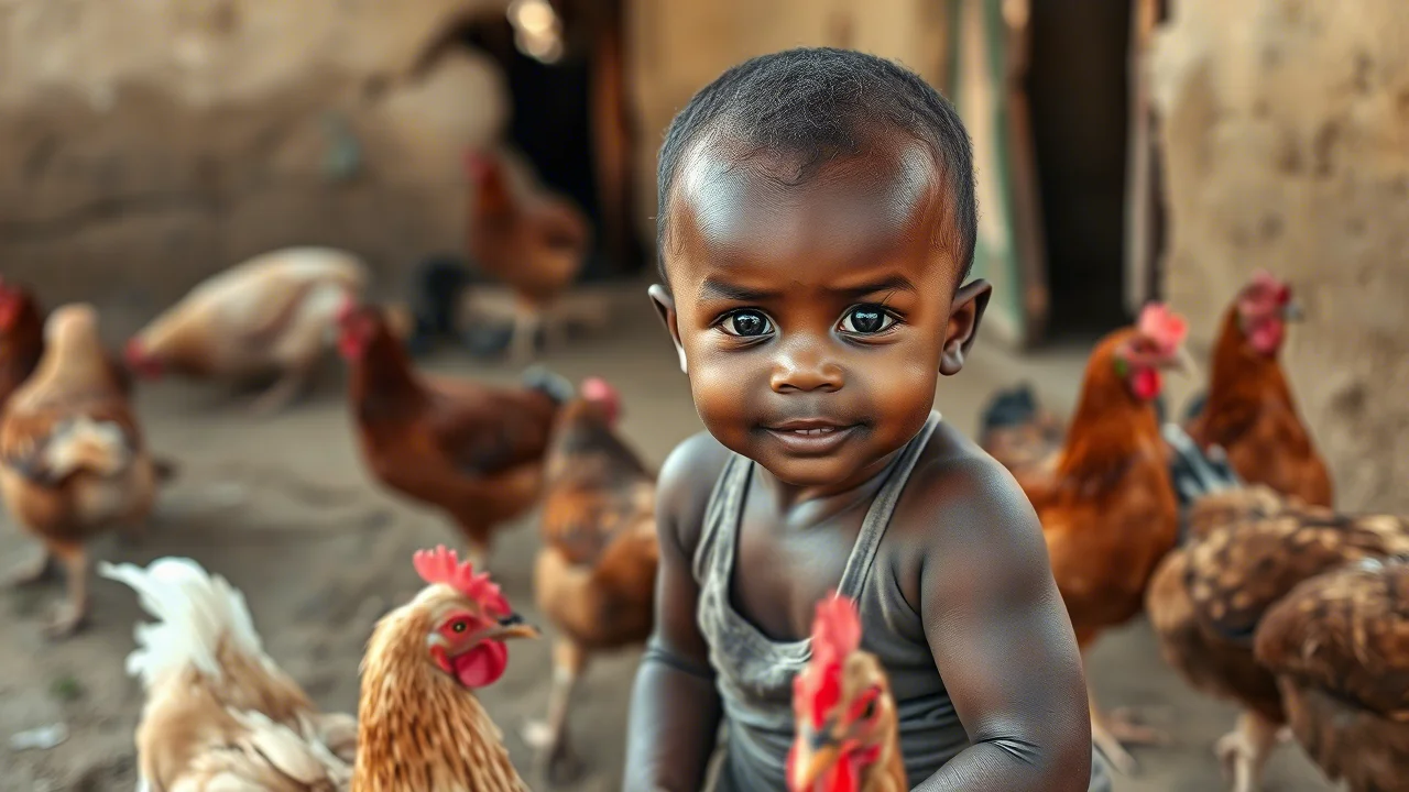 Fotografia realistica di un bambino piccolo in un ambiente rurale etiope vicino a dei polli, obiettivo 50mm, luce naturale, profondità di campo per isolare il soggetto, che simboleggia la stretta vicinanza tra infanti e potenziali fonti di Campylobacter.
