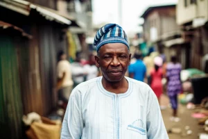 Fotografia ritratto di un leader comunitario nigeriano di mezza età, aspetto saggio e autorevole, in piedi in una strada affollata di una slum urbana nigeriana. Luce naturale, profondità di campo ridotta per sfocare lo sfondo. Obiettivo prime 35mm.