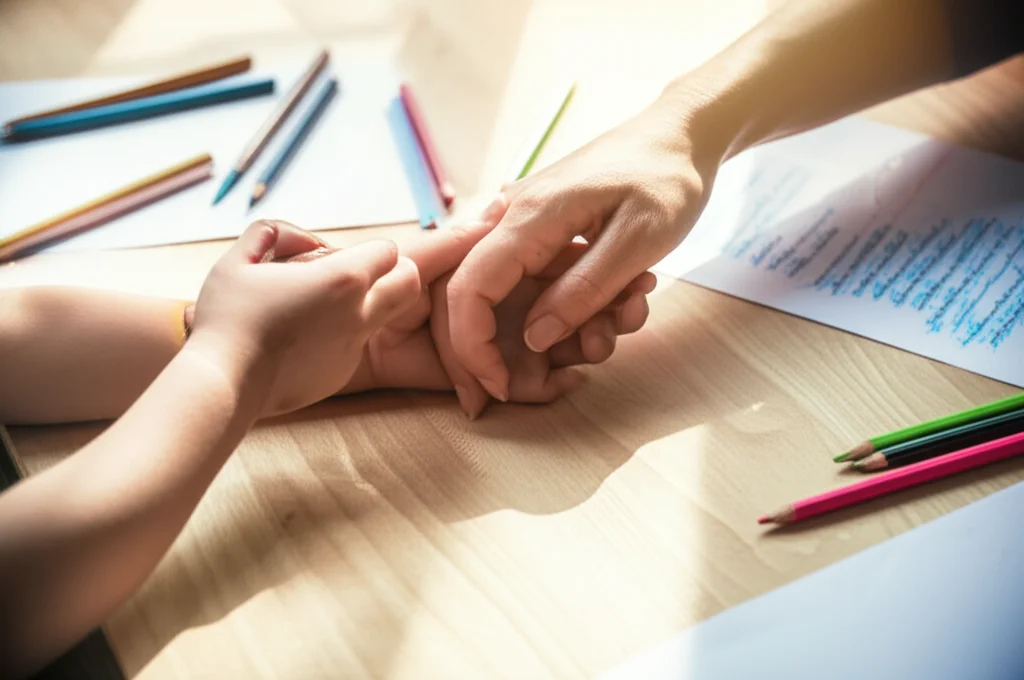 Fotografia stile reportage, lente 35mm, luce naturale morbida proveniente da una finestra laterale, una mano di un genitore che stringe delicatamente la piccola mano di un bambino autistico seduti a un tavolo di legno chiaro con fogli e matite colorate sparsi, simboleggiando il supporto genitoriale, la guida e la complessità del percorso scolastico affrontato dalle famiglie con Piano 504.