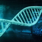 Illustrazione concettuale di un modello di machine learning che analizza sequenze di DNA per prevedere l'impatto di mutazioni virali sui test PCR. Sfondo con codice binario e grafici scientifici, illuminazione drammatica, obiettivo prime 35mm, stile duotone blu e verde acqua.