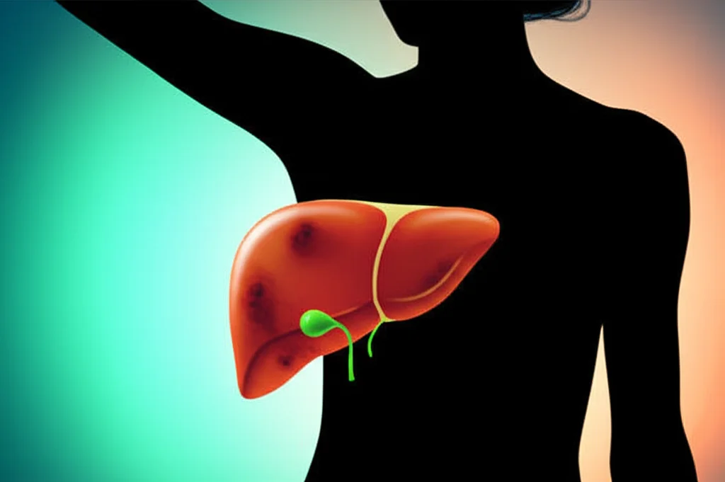 Immagine concettuale di una silhouette umana con un fegato evidenziato, metà del quale appare sano e l'altra metà mostra segni di steatosi. L'immagine simboleggia il contrasto tra NAFLD magra e non magra. Obiettivo prime, 50mm, profondità di campo, con un sottile effetto duotone (es. verde acqua e arancione) per differenziare i due stati, illuminazione da studio per chiarezza.