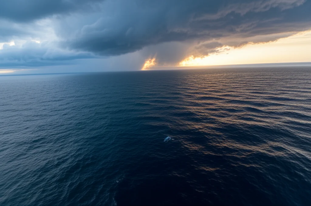 Immagine fotorealistica del Mar Cinese Meridionale con un ciclone tropicale in lontananza che influenza il cielo e il mare, obiettivo grandangolare 20mm, messa a fuoco nitida sull'interazione tra le nuvole cariche associate al monsone e la superficie del mare agitata dal vento del ciclone, luce drammatica del tardo pomeriggio che evidenzia l'interazione aria-mare.