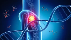 Immagine fotorealistica di una colonna vertebrale umana con evidenza di stenosi lombare (restringimento del canale), sovrapposta a una rappresentazione stilizzata di dati genetici e molecole di farmaci, illuminazione drammatica laterale, profondità di campo ridotta per focalizzare sulla vertebra affetta, lente prime 35mm.