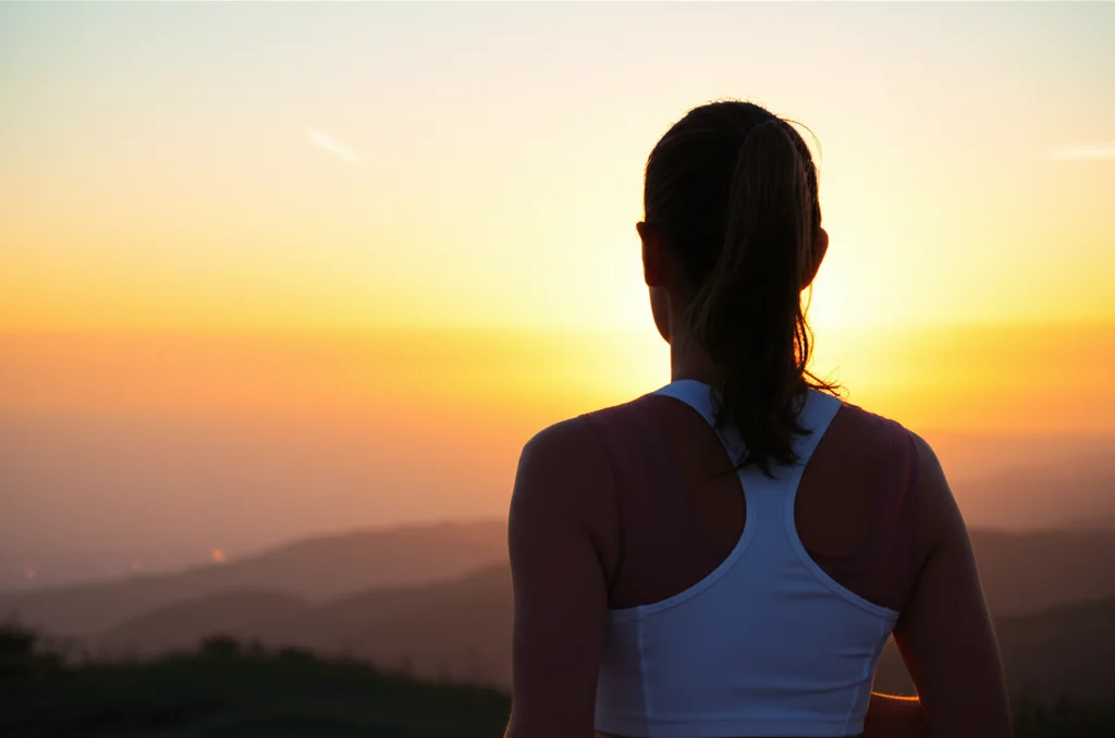 Immagine simbolica di speranza e attività fisica: una persona di mezza età, vista di schiena, che guarda un'alba luminosa da un sentiero di collina dopo una corsa mattutina, indossa abbigliamento sportivo. Wide-angle lens, 18mm, long exposure per cieli soffusi, sharp focus sulla figura.