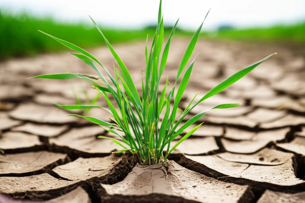 Primo piano drammatico di terreno agricolo secco e screpolato con una giovane pianta di grano che lotta per crescere, simboleggiando lo stress da siccità. Sullo sfondo sfocato, diverse pratiche agricole (una più organica, una più convenzionale). Macro lens, 70mm, high detail, precise focusing, controlled lighting, profondità di campo ridotta.