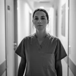Ritratto fotografico di un operatore sanitario (infermiere/a) in divisa, sguardo stanco ma determinato, in un corridoio d'ospedale leggermente sfocato. Obiettivo prime 50mm, bianco e nero, profondità di campo, luce soffusa laterale per creare atmosfera drammatica ma professionale.
