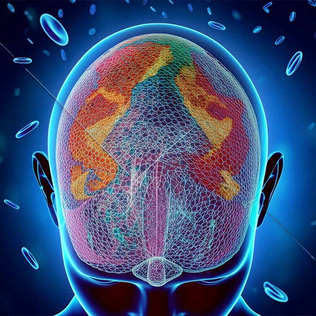Visualizzazione 3D avanzata di un tumore testa-collo derivata da scansioni TC, con diverse regioni 'habitat' colorate in modo distintivo per rappresentare differenti caratteristiche radiomiche. Sovrapposta, una rete neurale stilizzata simboleggia l'analisi AI e la predizione di metastasi linfonodali occulte. Sullo sfondo, una rappresentazione artistica del microambiente immunitario con linfociti T. Illuminazione drammatica, alta risoluzione, focus sui dettagli della segmentazione del tumore e delle reti neurali.