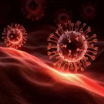Abstract representation of a virus targeting a cancer cell, macro lens, 60mm, high detail, controlled lighting, illustrating oncolytic virotherapy for triple negative breast cancer.