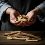 Close-up portrait of hands showing swollen joints alongside dried Fuzi roots, 35mm portrait, depth of field, high detail, representing traditional medicine treating arthritis.