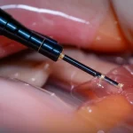 Fotografia macro ad alta definizione di un innovativo ureteroscopio flessibile con sensore di pressione integrato sulla punta, posizionato all'interno di un calice renale di un modello suino. Illuminazione da studio controllata per massimizzare i dettagli, focale 100mm, che evidenzia la precisione della tecnologia.