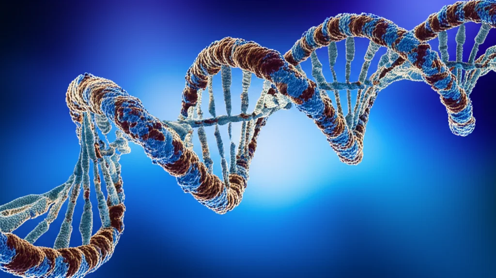 Immagine concettuale fotorealistica: una doppia elica di DNA stilizzata si intreccia con la rappresentazione di un anticorpo IgA mancante (spazio vuoto) e un'articolazione del ginocchio infiammata, simboleggiando la complessa interazione tra genetica, immunodeficienza (SIgAD) e malattia autoimmune (AIG). Macro lens, 100mm, high detail, precise focusing, sfondo scientifico astratto e sfocato.