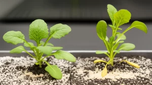 Immagine fotorealistica, obiettivo macro 90mm, che mostra una piantina di Arabidopsis thaliana resiliente, leggermente più verde e vigorosa, che cresce su un terreno con visibili tracce di sale, accanto a una piantina simile ma visibilmente più stressata e leggermente ingiallita. La scena simboleggia il ruolo protettivo del gene AtDUF569 contro lo stress salino, con alta definizione dei dettagli fogliari e del suolo, messa a fuoco precisa sulla pianta più sana, illuminazione controllata da studio.