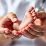 Immagine simbolica e toccante: le mani di un operatore sanitario che tengono delicatamente i piedini di un neonato, luce soffusa e calda, obiettivo macro 100mm, messa a fuoco precisa sui piedini, sfondo leggermente sfocato, concetto di cura e fragilità della vita.