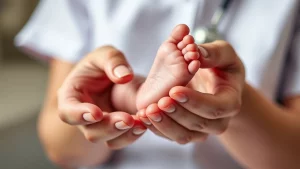 Immagine simbolica e toccante: le mani di un operatore sanitario che tengono delicatamente i piedini di un neonato, luce soffusa e calda, obiettivo macro 100mm, messa a fuoco precisa sui piedini, sfondo leggermente sfocato, concetto di cura e fragilità della vita.