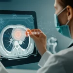 Medical professional analyzing a digital lung CT scan with overlaid AI indicators, a subtle blockchain network graphic visible in the background, macro lens, high detail, precise focusing.
